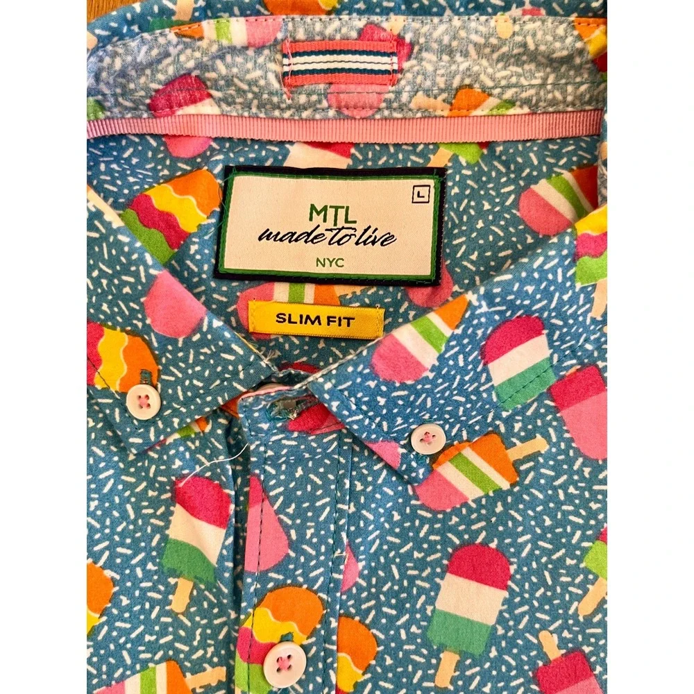 MTL Made To Live NYC Ice Cream Popsicle Print Shirt Mens L Slim Button Up